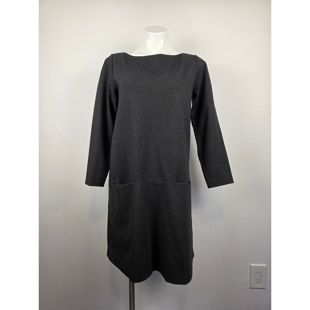 Eileen Fisher Dress Gray Long‎ Sleeve Boat Neck Pockets Stretch Knit Viscose